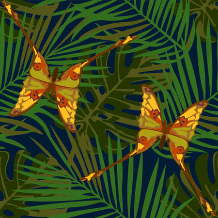 Tropical wildlife seamless pattern. Madagascar animals, butterfly, flowers ornament. Vector pattern.のイラスト素材