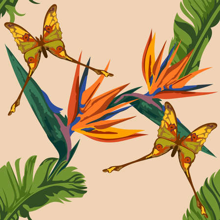 Tropical wildlife seamless pattern. Madagascar animals, butterfly, flowers ornament. Vector pattern.のイラスト素材