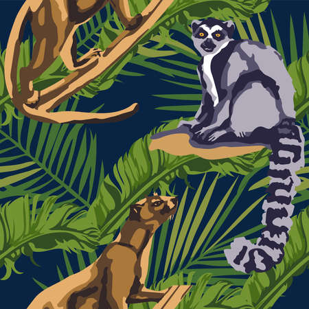 Tropical wildlife seamless pattern. Madagascar animals, butterfly, flowers ornament. Vector pattern.のイラスト素材