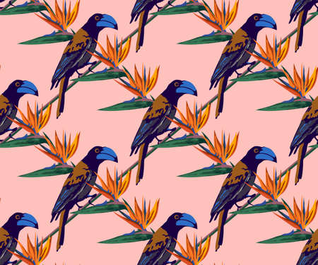 Tropical wildlife seamless pattern. Madagascar animals, flowers vector patternのイラスト素材