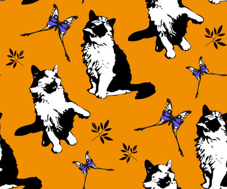 Cute cats and butterfly seamless pattern. Pet vector illustration. Cartoon cat images. Cute design for kids. Ð¡hildren's patternのイラスト素材
