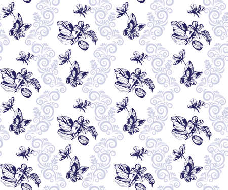 flowers seamless patern. Hand drawn ink illustration. Wallpaper or fabric design. Vector pattern.のイラスト素材