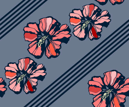 Seamless floral pattern with hibiscus and ornamental hand drawing decorative background. Ethnic seamless pattern ornament. Vector pattern. Print for textile, cloth, wallpaper, scrapbookingのイラスト素材