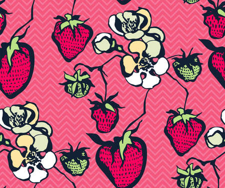 Seamless floral pattern with strawberry ornamental decorative background.