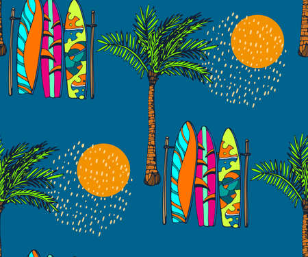 Beach pattern with surfing board. Decorative background. Vector seamless pattern illustration. Print...