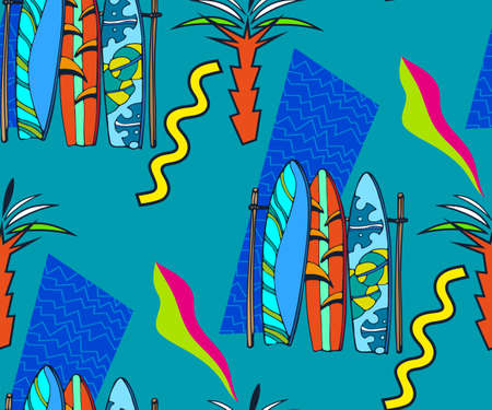 Beach pattern with surfing board. Decorative background. Vector seamless pattern illustration. Print...