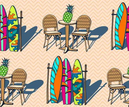 Beach pattern with surfing board. Decorative background. Vector seamless pattern illustration. Print...