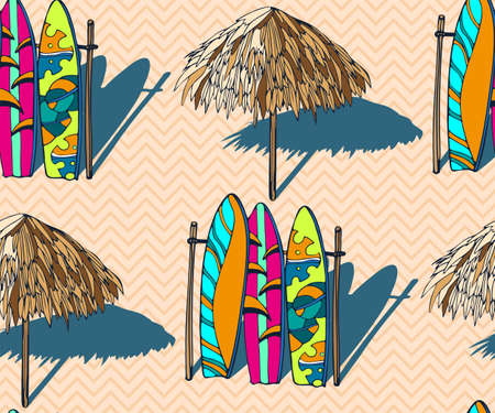 Beach pattern with surfing board. Decorative background. Vector seamless pattern illustration. Print...