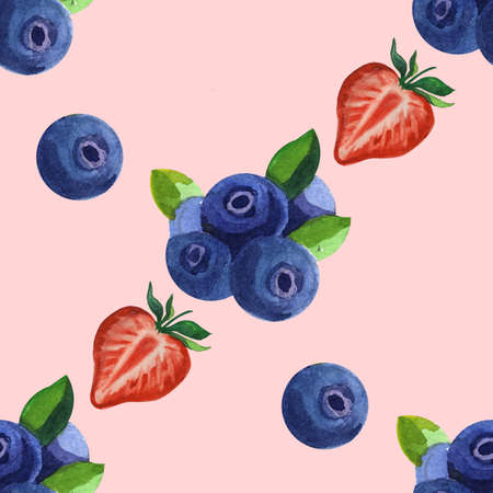 Watercolor seamless pattern with blueberry. Hand drawing decorative background. Print for textile, cloth, wallpaper, scrapbookingの写真素材