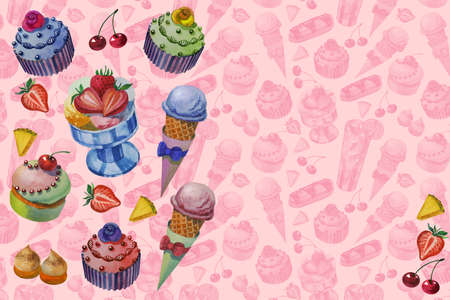 Beautiful cards. Hand drawn watercolor sweets and cakesの写真素材