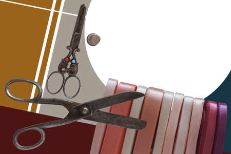 vintage sewing tools and supplies on on constructivism background: screwdriver, pliers, nippers,...
