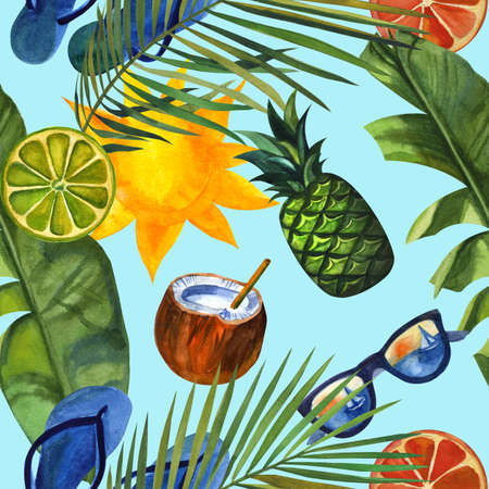 Travel and vacation seamless pattern. Hand drawn watercolor illustrationの写真素材