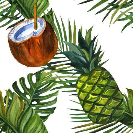 Beautiful hand drawn pattern with tropical palm, coconuts, pineapples, bananas. Watercolor seamless pattern, summer backgroundの写真素材