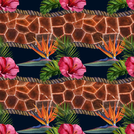 Watercolor tropical wildlife seamless pattern. Hand drawing decorative background. Print for...