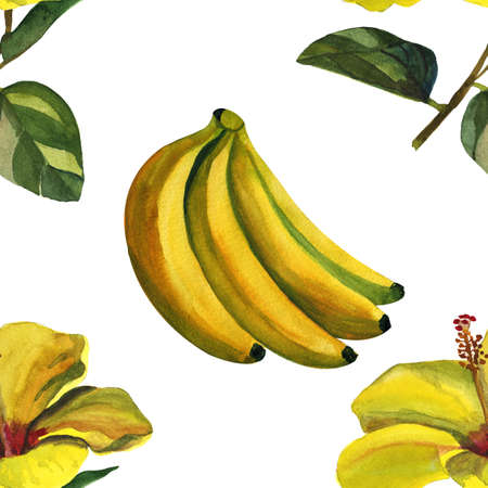 Watercolor seamless floral pattern with bananas hand drawing decorative background. Ethnic seamless pattern ornament. Print for textile, cloth, wallpaper, scrapbookingの写真素材