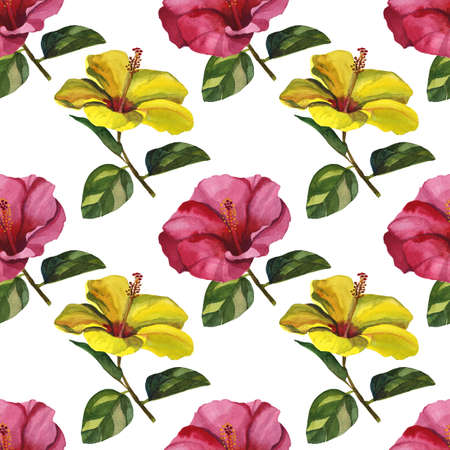 Watercolor seamless floral pattern with hibiscus hand drawing decorative background. Ethnic seamless pattern ornament. Print for textile, cloth, wallpaper, scrapbookingの写真素材