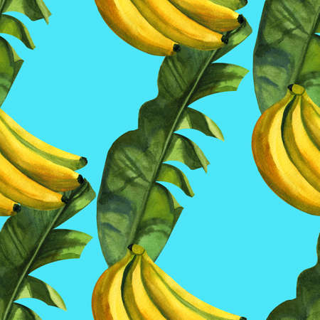 Watercolor seamless floral pattern with bananas hand drawing decorative background. Ethnic seamless pattern ornament. Print for textile, cloth, wallpaper, scrapbookingの写真素材