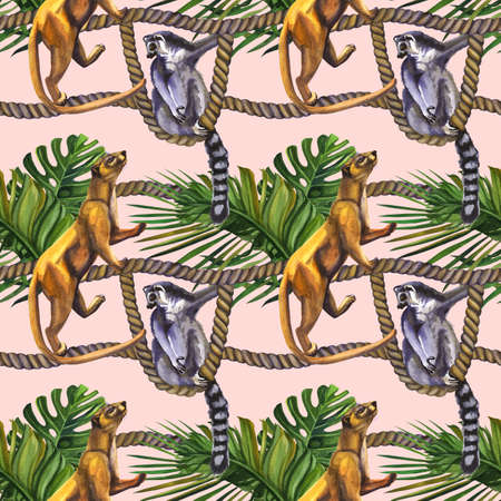 Watercolor lemurs on a rope tropical wildlife seamless pattern. Hand Drawn jungle nature, lemur, hibiscus flowers illustrationの写真素材