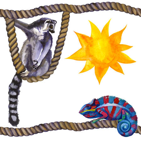 Watercolor lemurs on a rope and chameleon tropical wildlife seamless pattern. Hand Drawn jungle nature, lemur, hibiscus flowers illustrationの写真素材