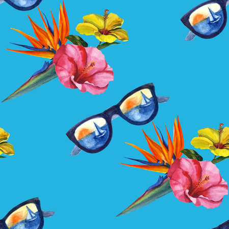 Watercolor tropical exotic seamless pattern. Hand Drawn flowers illustrationの写真素材