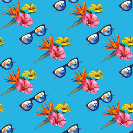 Watercolor tropical exotic seamless pattern. Hand Drawn flowers illustrationの写真素材