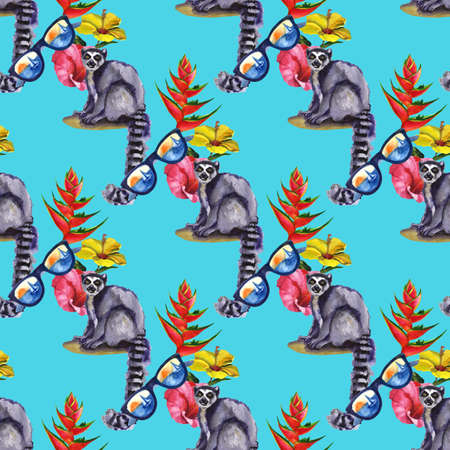 Watercolor tropical wildlife seamless pattern. Hand Drawn jungle nature, lemur, hibiscus flowers illustration. Print for textile, cloth, wallpaper, scrapbookingの写真素材