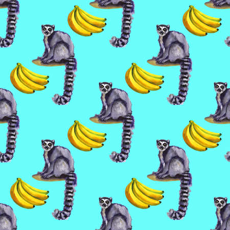 Watercolor tropical wildlife seamless pattern. Hand Drawn jungle nature, lemur, hibiscus flowers...