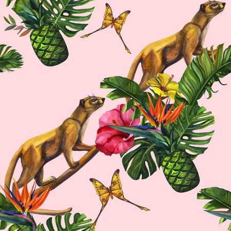 Tropical wildlife lemur seamless pattern. Madagascar animals, flowers ornamentの写真素材
