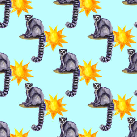 Watercolor tropical wildlife seamless pattern. Hand Drawn jungle nature, lemur, hibiscus flowers illustration. Print for textile, cloth, wallpaper, scrapbookingの写真素材