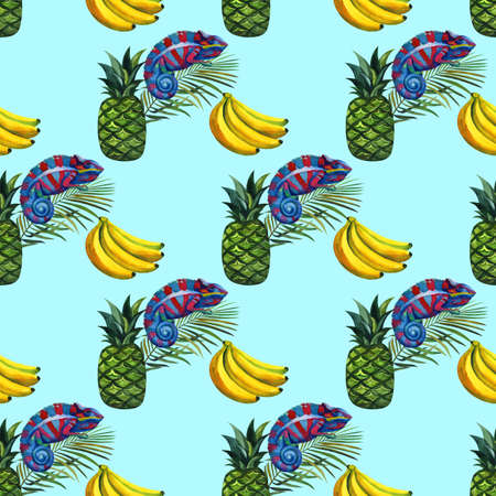 Watercolor tropical wildlife seamless pattern. Hand Drawn jungle nature, chameleon, hibiscus flowers illustration. Print for textile, cloth, wallpaper, scrapbookingの写真素材