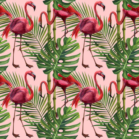 Watercolor tropical wildlife, flamingo bird, seamless pattern. Hand Drawn jungle nature, flowers illustration. Print for textile, cloth, wallpaper, scrapbookingの写真素材