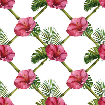Watercolor tropical  seamless pattern. Hand Drawn jungle nature, flowers illustration. Print for textile, cloth, wallpaper, scrapbookingの写真素材
