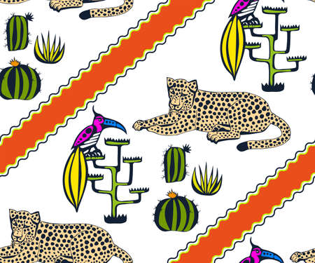 Vector background hand drawn exotic wild animals. Hand drawn ink illustration. Modern ornamental decorative background. Vector pattern. Print for textile, cloth, wallpaper, scrapbookingのイラスト素材