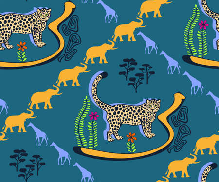 Vector background hand drawn exotic wild cat. Hand drawn ink illustration. Modern ornamental decorative background. Vector pattern. Print for textile, cloth, wallpaper, scrapbookingのイラスト素材
