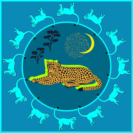 Vector background hand drawn exotic wild cat. Hand drawn ink illustration. Modern ornamental decorative background. Vector pattern. Print for textile, cloth, wallpaper, scrapbookingのイラスト素材