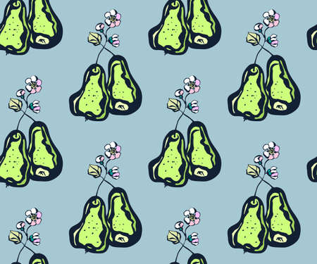 Seamless floral pattern with pear and flowers. Ornamental decorative background. Vector pattern....