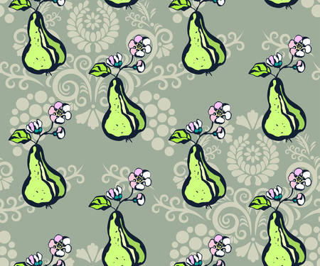 Seamless floral pattern with pear and flowers. Ornamental decorative background. Vector pattern. Print for textile, cloth, wallpaper, scrapbookingのイラスト素材