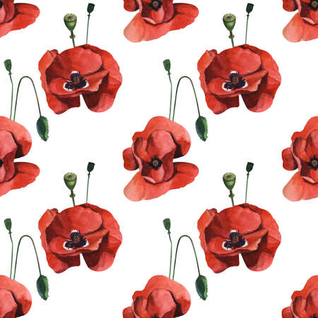 Watercolor seamless floral pattern with wild red poppies. Hand drawing decorative background. Hand drawn watercolor illustration. Print for textile, cloth, wallpaper, scrapbookingの写真素材