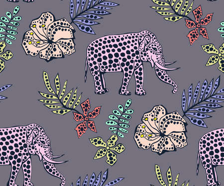 Vector background hand drawn elephant. Hand drawn ink illustration. Modern ornamental decorative background. Vector pattern. Print for textile, cloth, wallpaper, scrapbookingのイラスト素材