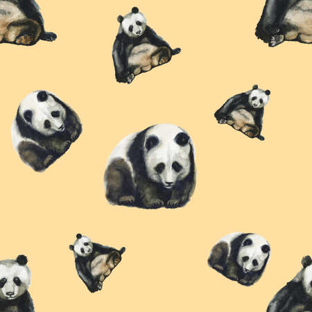 Watercolor seamless pattern with panda hand drawing decorative background. Print for textile, cloth, wallpaper, scrapbookingの写真素材