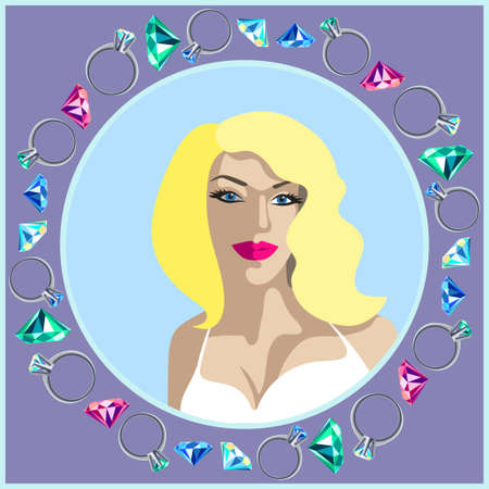 Beautiful woman with jewelry, retro style. Pop art. Summer holiday. Modern ornamental decorative background. Square print for textile, cloth, scrapbookingのイラスト素材