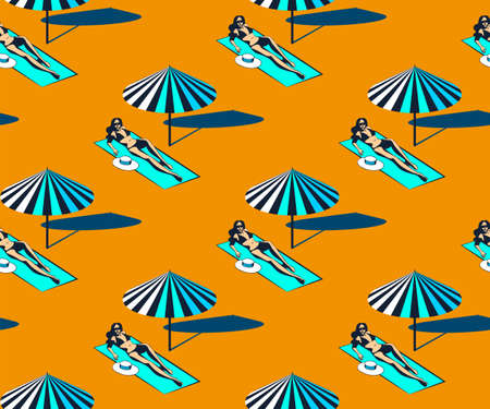 Seamless summer beach pattern. Hello Summer, holiday concept. Pop art. Summer holiday. Vector...