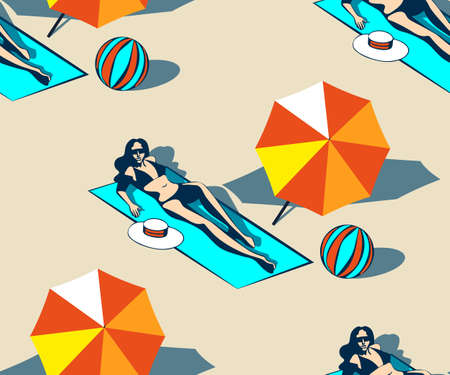 Seamless summer beach pattern. Hello Summer, holiday concept. Pop art. Summer holiday. Vector seamless pattern illustrationのイラスト素材