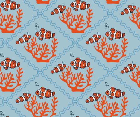 Hand drawn underwater natural ocean elements. Seamless pattern with reef corals. Vector sketch. Abstract seamless pattern. Print for textile, cloth, wallpaper, scrapbookingのイラスト素材