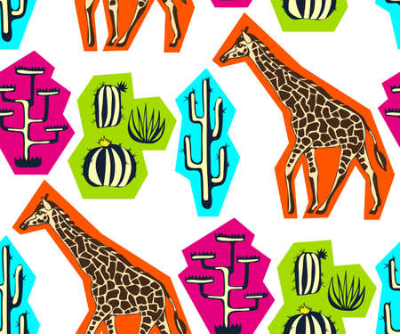 Vector background hand drawn giraffe. Card template. Hand drawn ink illustration. Modern ornamental decorative background. Print for textile, cloth, wallpaper, scrapbookingのイラスト素材