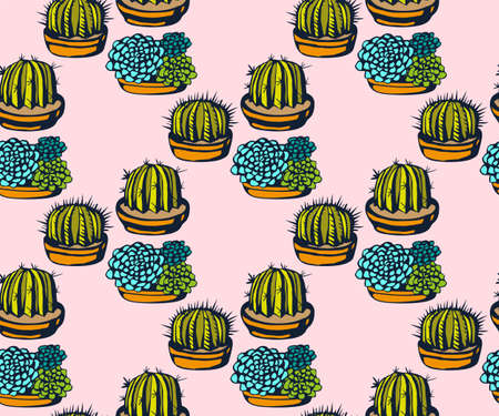 Vector background hand drawn cactus, succulent. Hand drawn ink illustration. Modern ornamental decorative background. Vector pattern. Print for textile, cloth, wallpaper, scrapbookingのイラスト素材