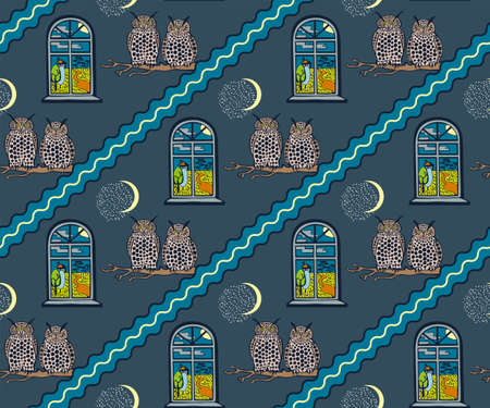 Vector flat windows with landscape and owl. Hand drawn ink illustration.のイラスト素材