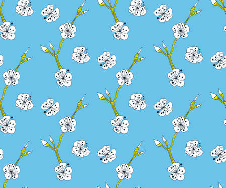 Vector ornamental hand drawing decorative background. Twigs and flowers seamless pattern ornament....