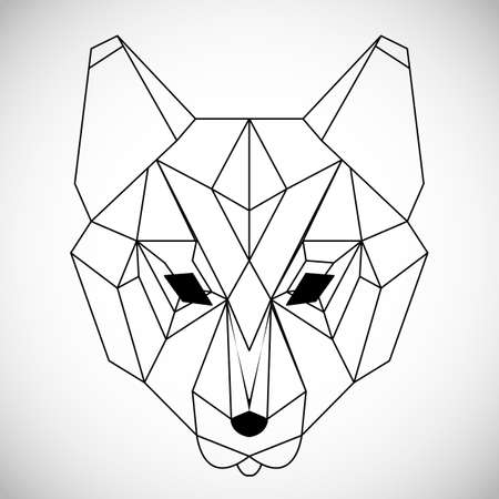 Geometric vector head wolf drawn in line or triangle style, suitable for modern tattoo polygonal templates, icons or logo elements. Black and white wolf head. Vector illustrationのイラスト素材