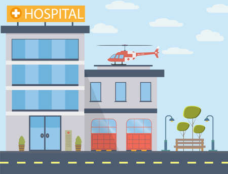 Hospital building vector illustration in flat design. Modern clinic with helicopter. Vector illustrationのイラスト素材